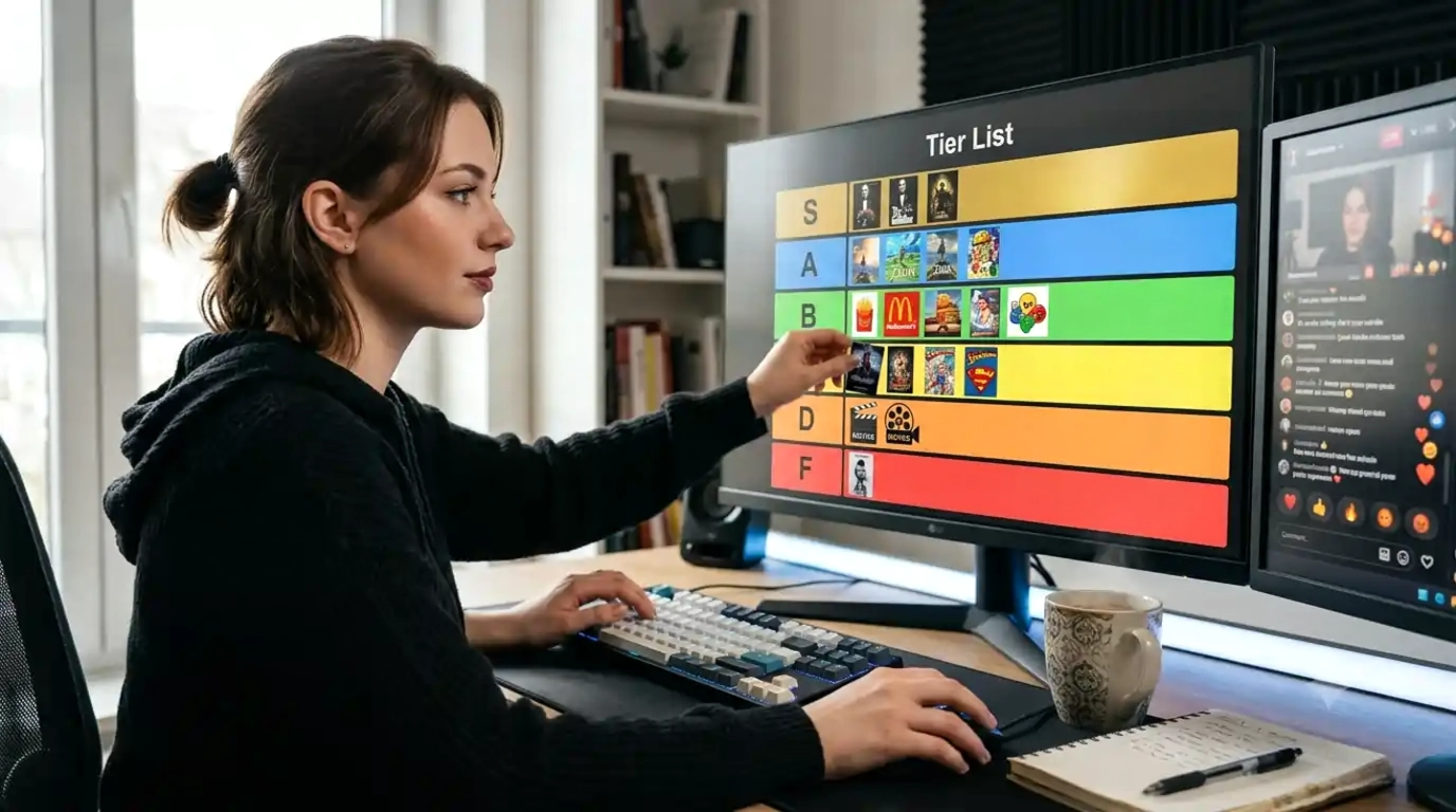 How-to-make-a-tier-list-guide-showing-content-creator-ranking-movies-games-and-fast-food-on-a-colorful-s-to-f-tier-list-board-in-a-modern-home-office-with-social-media-engagement-elements