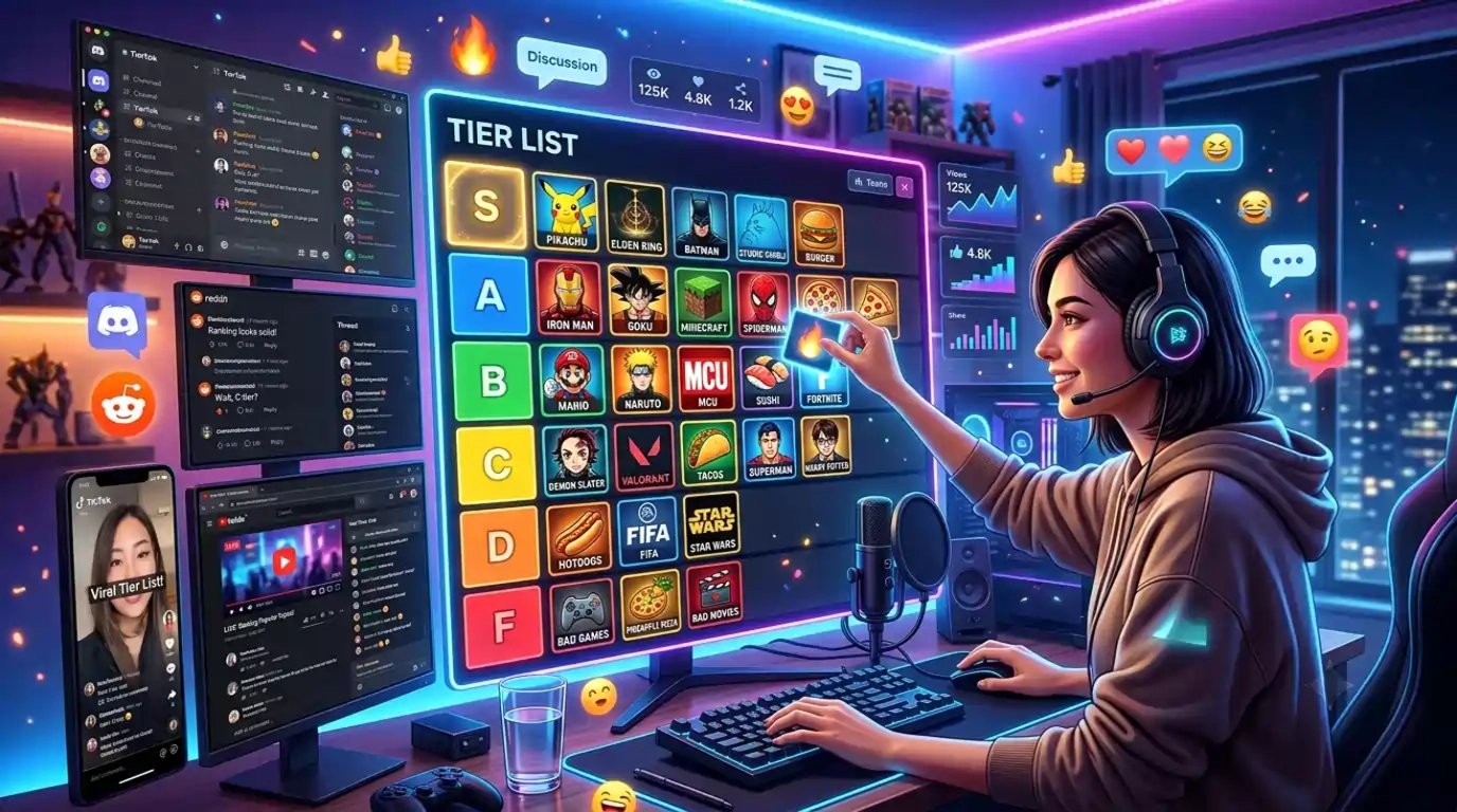 how-to-make-a-tier-list-step-by-step-guide-showing-colorful-s-a-b-c-d-f-ranking-chart-with-content-creator-organizing-movies-games-fast-food-and-pop-culture-items-for-social-media-engagement