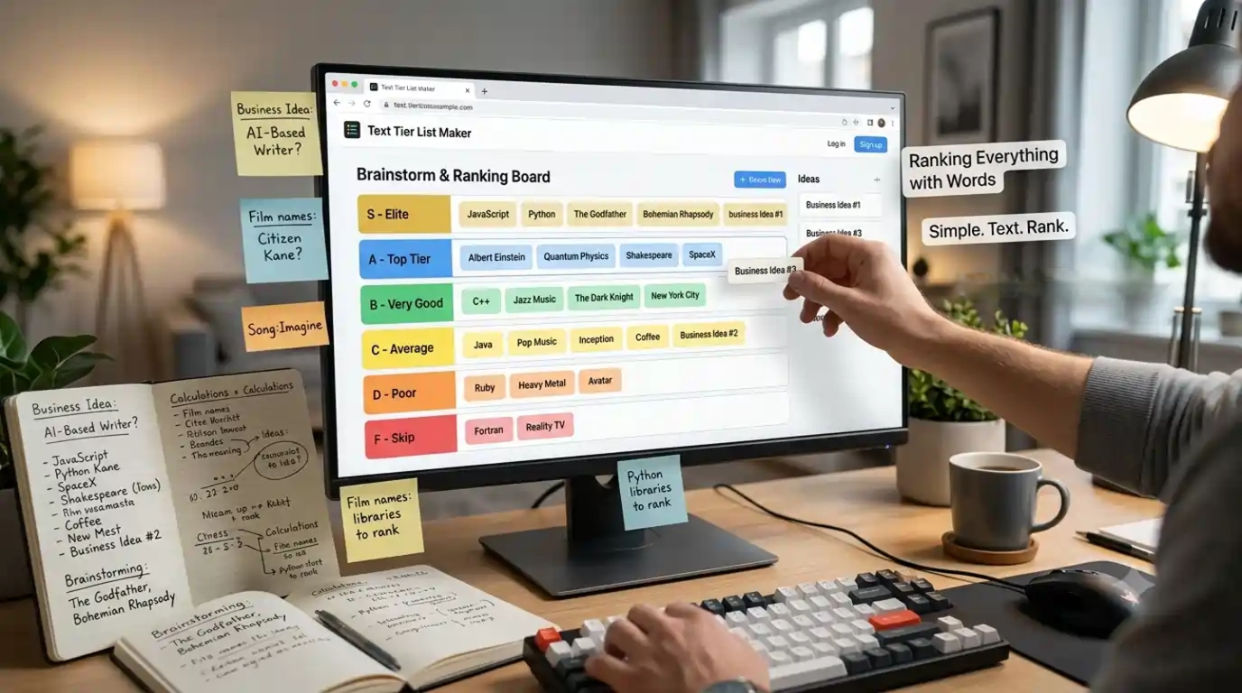 top-down-view-of-text-only-tier-list-with-word-cards-for-movies-songs-programming-languages-and-business-ideas-arranged-into-colorful-s-to-f-ranking-categories-on-desk