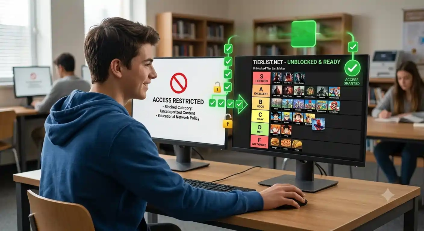 Unblocked-tier-list-maker-displayed-on-laptop-in-school-or-office-environment-with-user-ranking-games-movies-and-fast-food-items-on-colorful-s-to-f-tier-chart-interface-for-creative-projects-and-discussions
